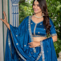 Perfect Teal Blue Chinon Silk Embroidered Designer Lehenga Choli with Dupatta for Women