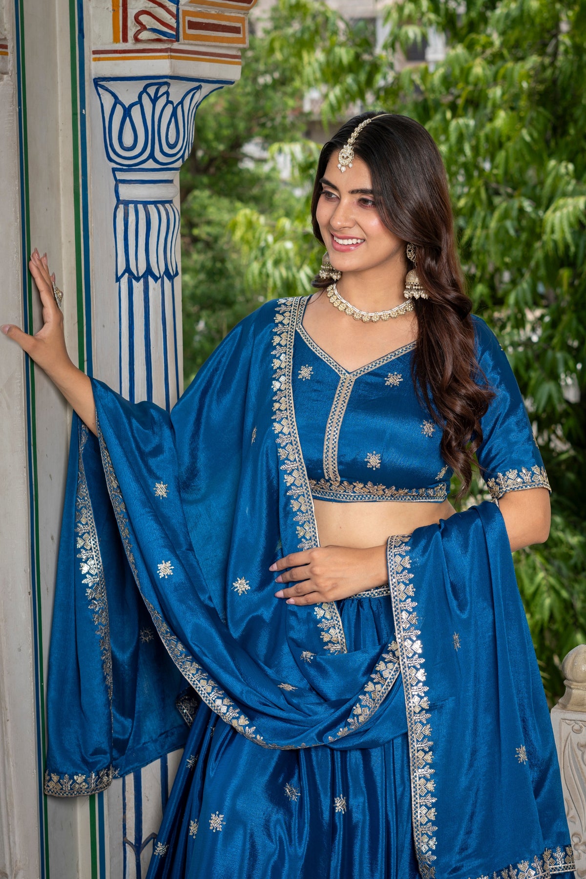 Perfect Teal Blue Chinon Silk Embroidered Designer Lehenga Choli with Dupatta for Women