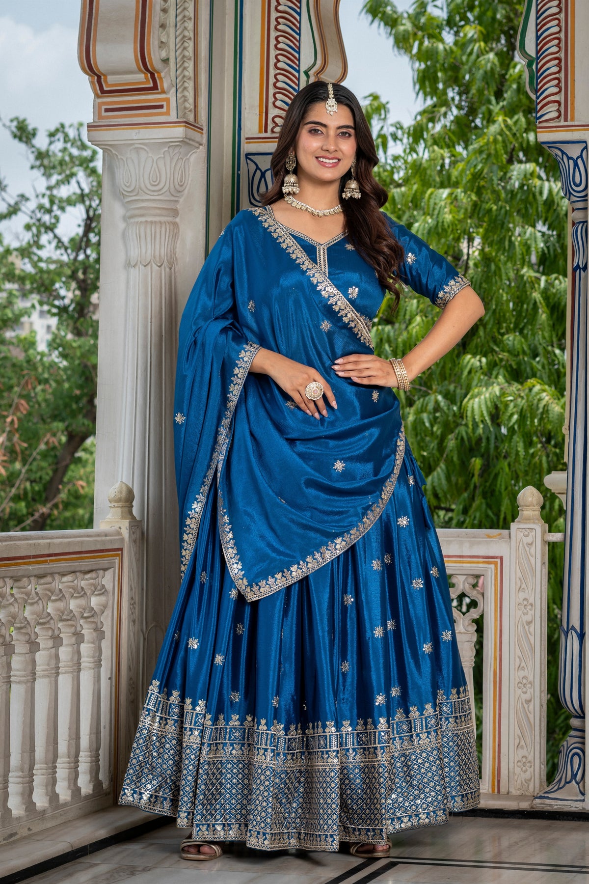 Perfect Teal Blue Chinon Silk Embroidered Designer Lehenga Choli with Dupatta for Women