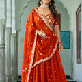 Vibrant Orange Faux Georgette Embroidered Designer Lehenga Choli with Dupatta for Women