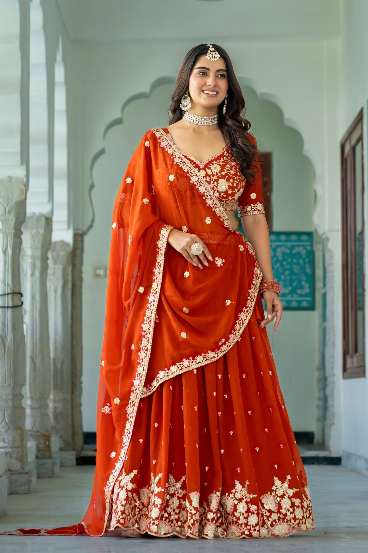 Vibrant Orange Faux Georgette Embroidered Designer Lehenga Choli with Dupatta for Women