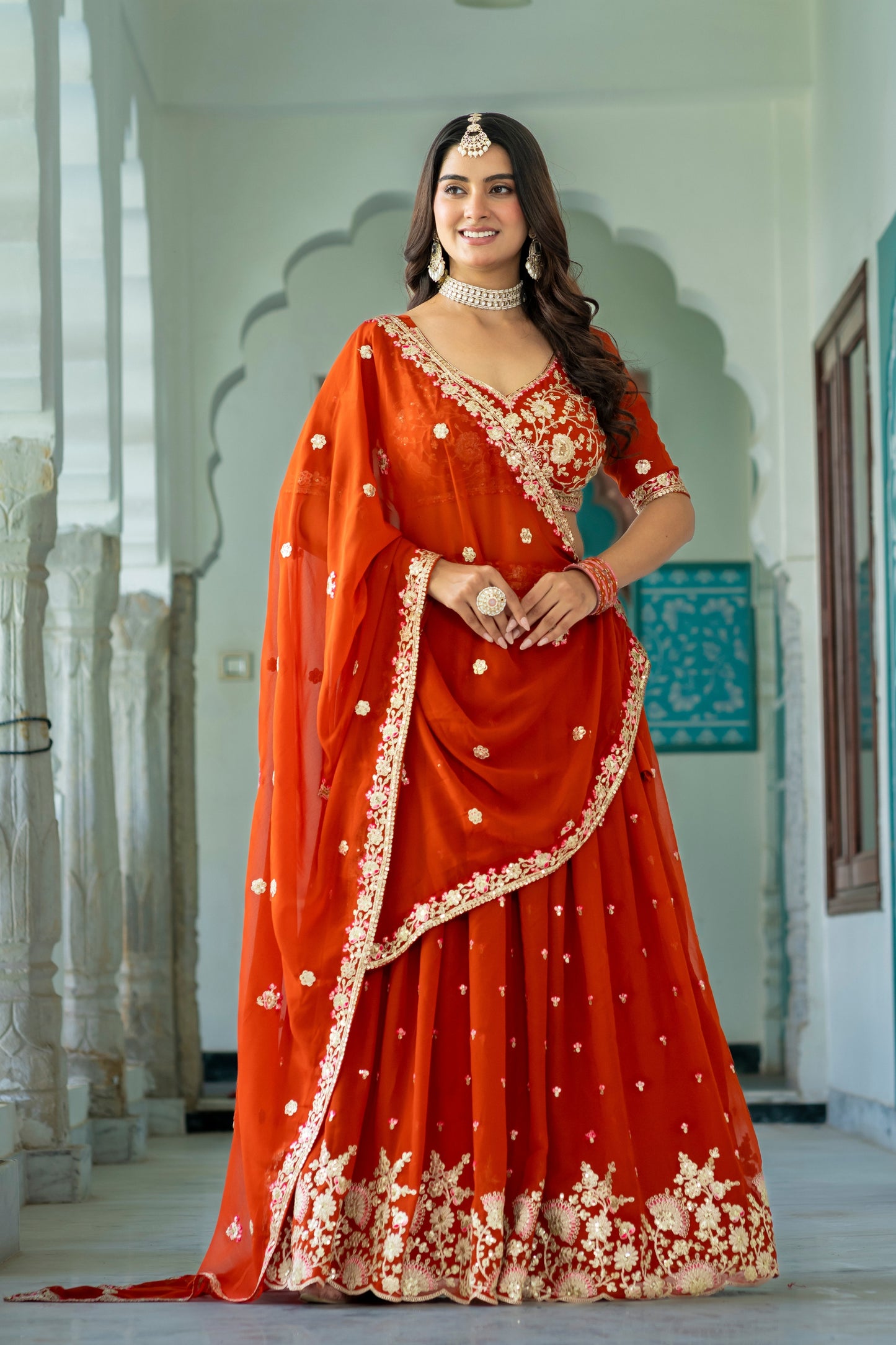 Vibrant Orange Faux Georgette Embroidered Designer Lehenga Choli with Dupatta for Women