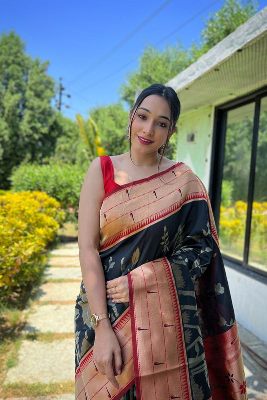 Elegant Black Pure Soft Paithani Silk Saree with Zari Work for Women