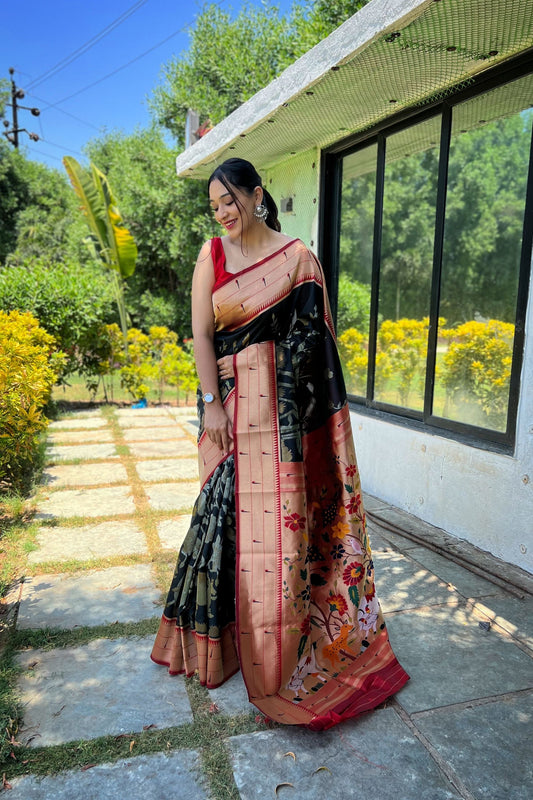 Elegant Black Pure Soft Paithani Silk Saree with Zari Work for Women