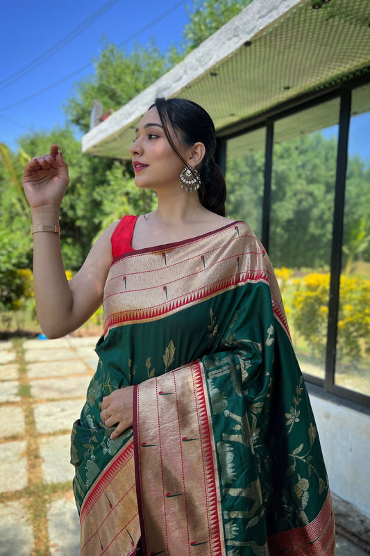 Graceful Teal Green Pure Soft Paithani Silk Saree Zari Work for Women