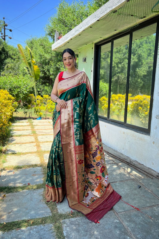 Graceful Teal Green Pure Soft Paithani Silk Saree Zari Work for Women