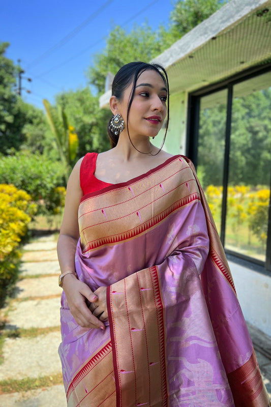 Stylish Lavender Pure Soft Paithani Silk Saree Zari Work for Women