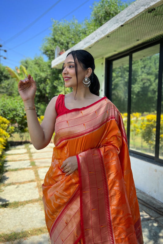 Vibrant Orange Pure Soft Paithani Silk Saree Zari Work for Women