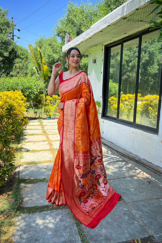 Vibrant Orange Pure Soft Paithani Silk Saree Zari Work for Women
