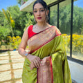 Amazing Lime Green Pure Soft Paithani Silk Saree Zari Work for Women