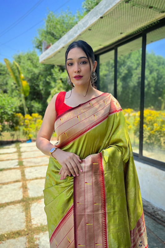 Amazing Lime Green Pure Soft Paithani Silk Saree Zari Work for Women