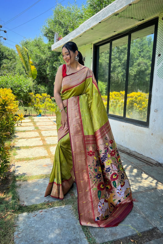 Amazing Lime Green Pure Soft Paithani Silk Saree Zari Work for Women