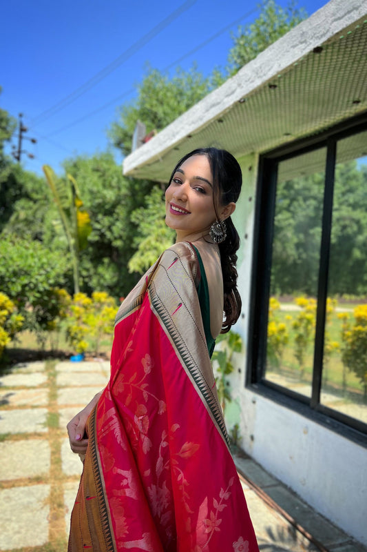 Beautiful Rani Pink Pure Soft Paithani Silk Saree Zari Work for Women
