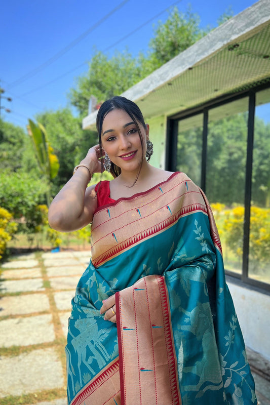 Royal Teal Blue Pure Soft Paithani Silk Saree Zari Work for Women