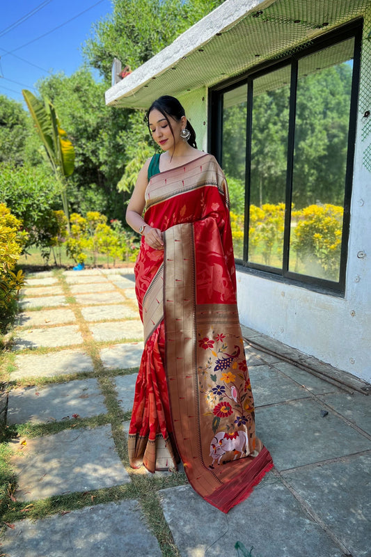 Stylish Red Pure Soft Paithani Silk Saree Zari Work for Women