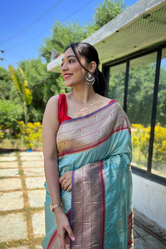 Luxury Sky Blue Pure Soft Paithani Silk Saree Zari Work for Women