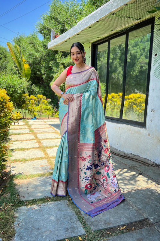 Luxury Sky Blue Pure Soft Paithani Silk Saree Zari Work for Women