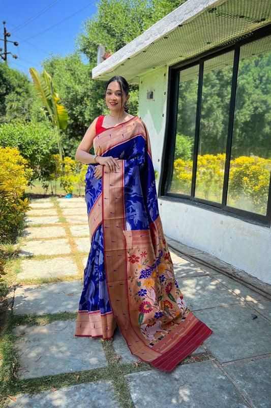 Royal Blue Pure Soft Paithani Silk Saree Zari Work for Women