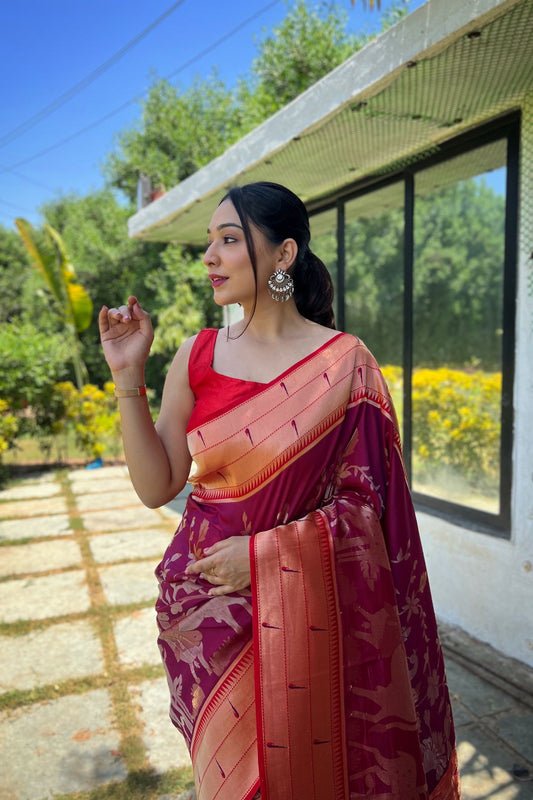 Beautiful Wine Pure Soft Paithani Silk Saree Zari Work for Women