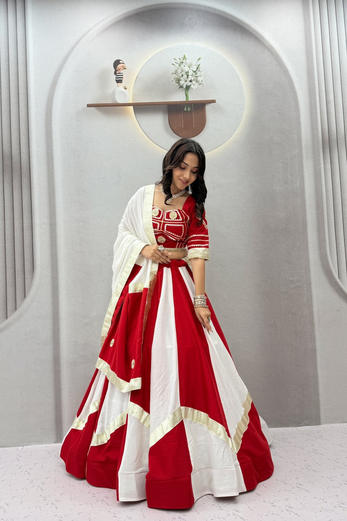 Elegant Red and White Cotton Designer Lehenga Choli Set with Gotta Patti Lace Work
