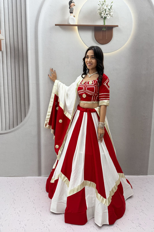 Elegant Red and White Cotton Designer Lehenga Choli Set with Gotta Patti Lace Work