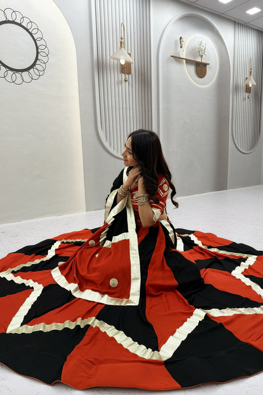 Trendy Black and Orange Cotton Designer Lehenga Choli Set with Gotta Patti Lace Work