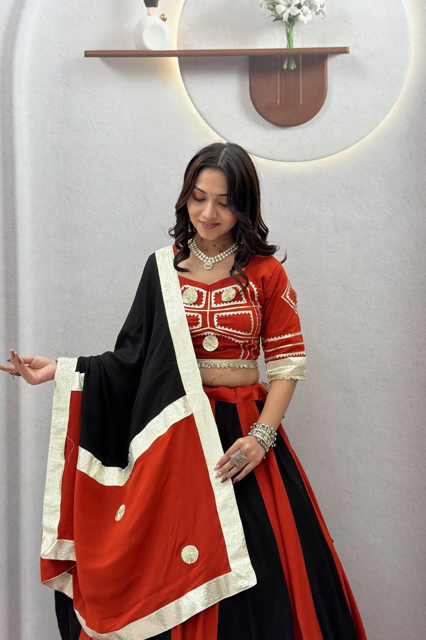 Trendy Black and Orange Cotton Designer Lehenga Choli Set with Gotta Patti Lace Work