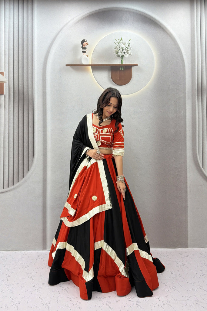 Trendy Black and Orange Cotton Designer Lehenga Choli Set with Gotta Patti Lace Work