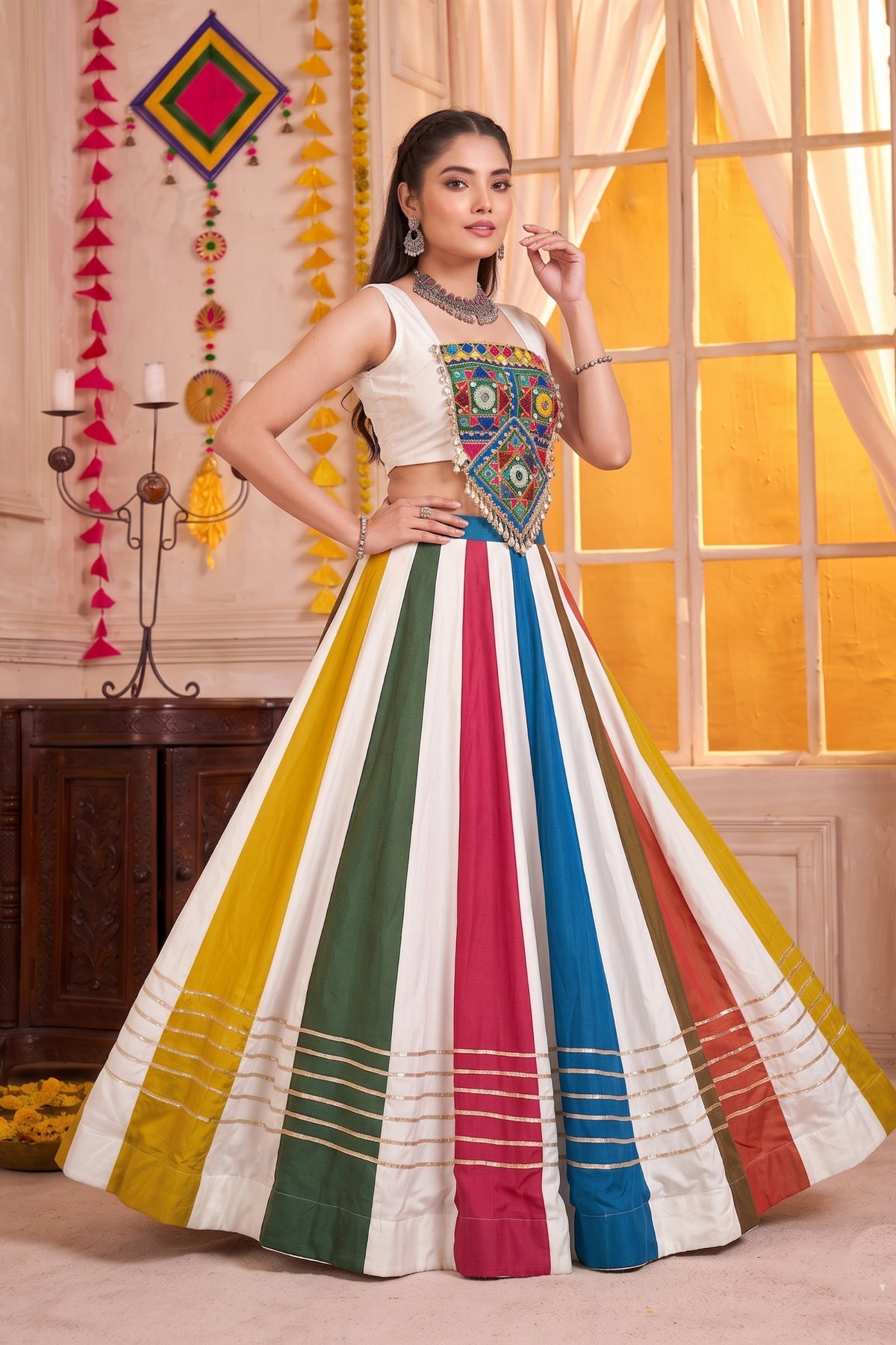 Elegant Multicolor Striped Rayon Designer Lehenga Choli Set with Mirror Work Blouse