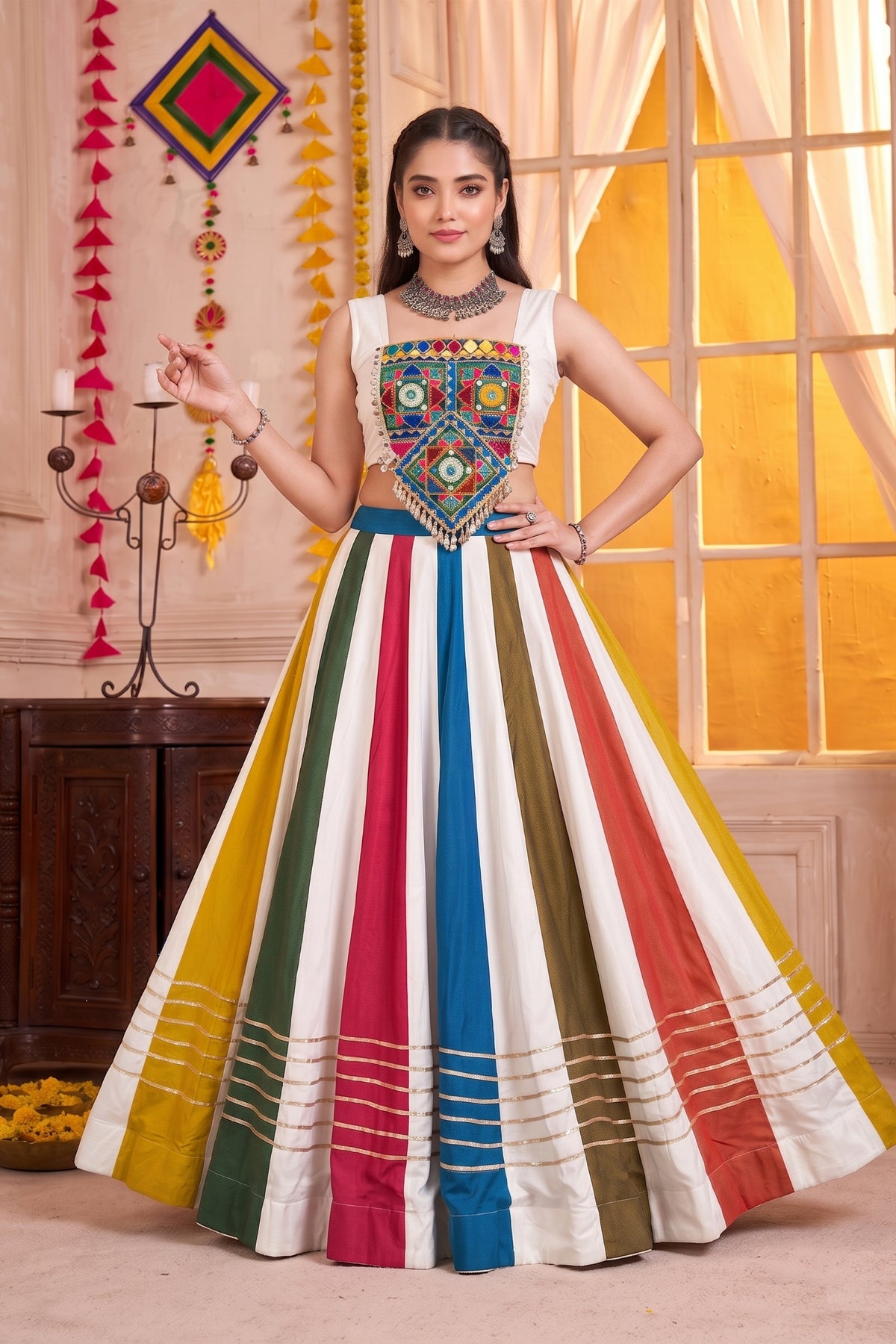 Elegant Multicolor Striped Rayon Designer Lehenga Choli Set with Mirror Work Blouse
