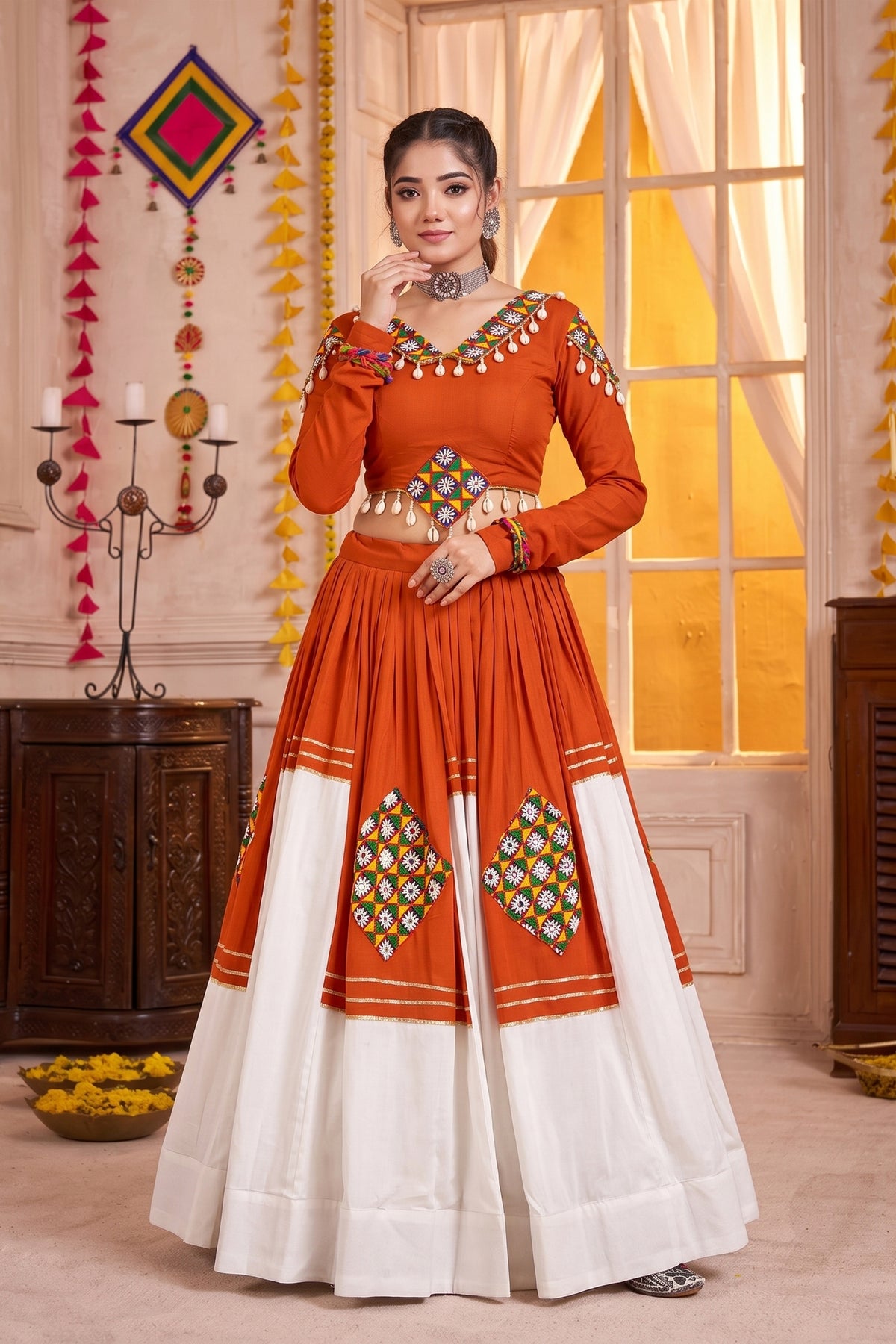 Stylish Orange and White Rayon Designer Lehenga Choli Set with Mirror Work