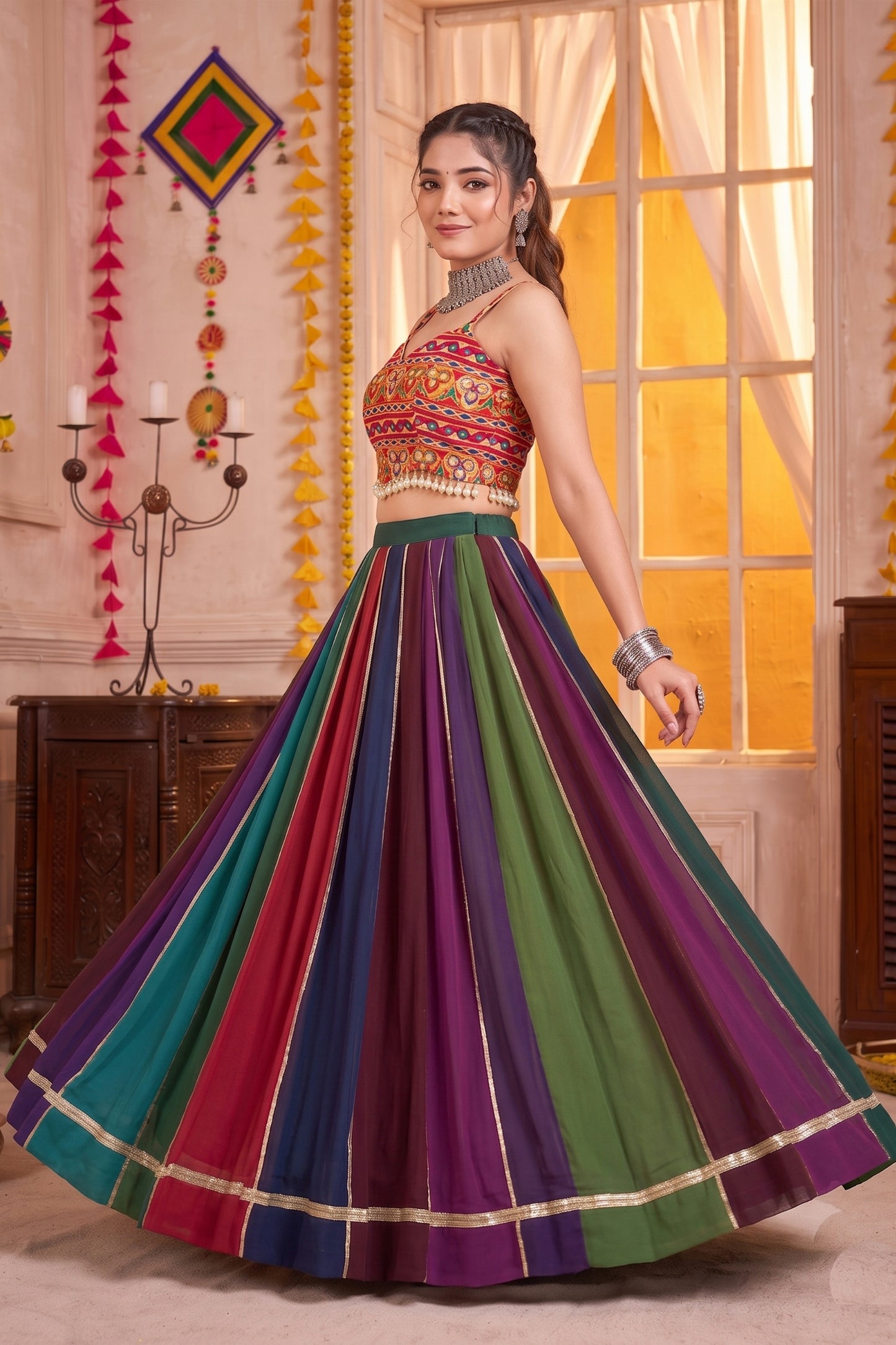 Traditional Multicolor Striped Georgette Designer Lehenga Choli Set with Gamthi Work