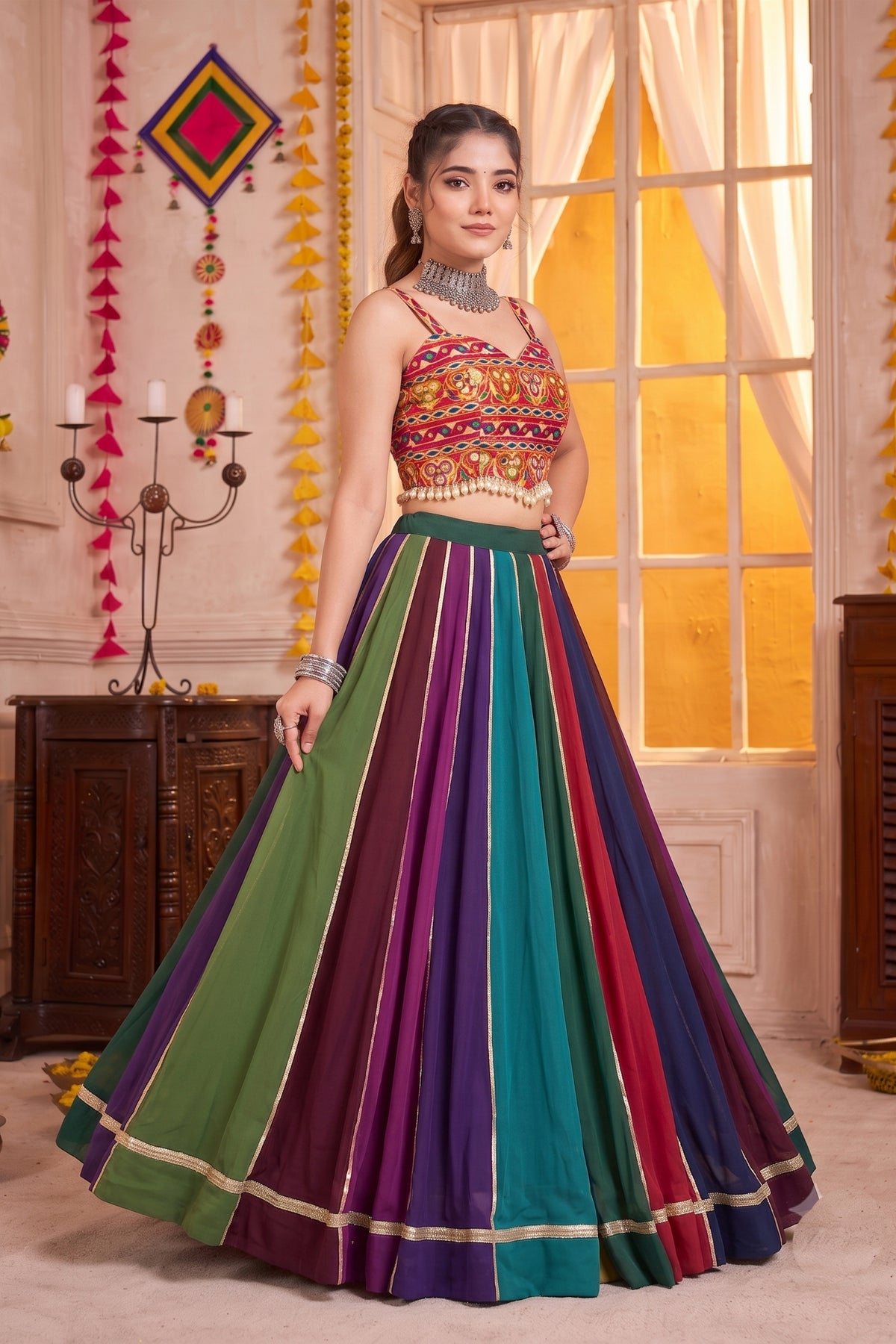 Traditional Multicolor Striped Georgette Designer Lehenga Choli Set with Gamthi Work