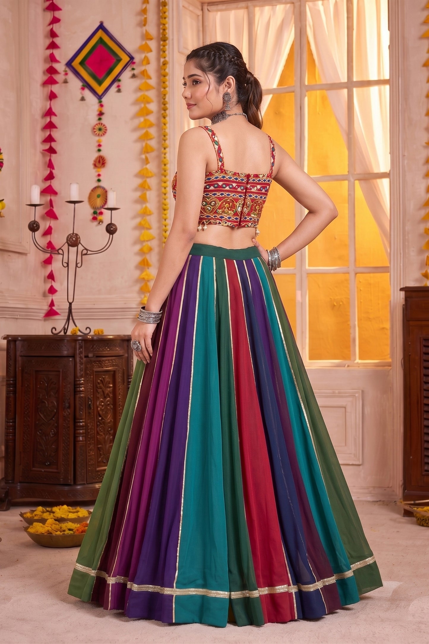 Traditional Multicolor Striped Georgette Designer Lehenga Choli Set with Gamthi Work
