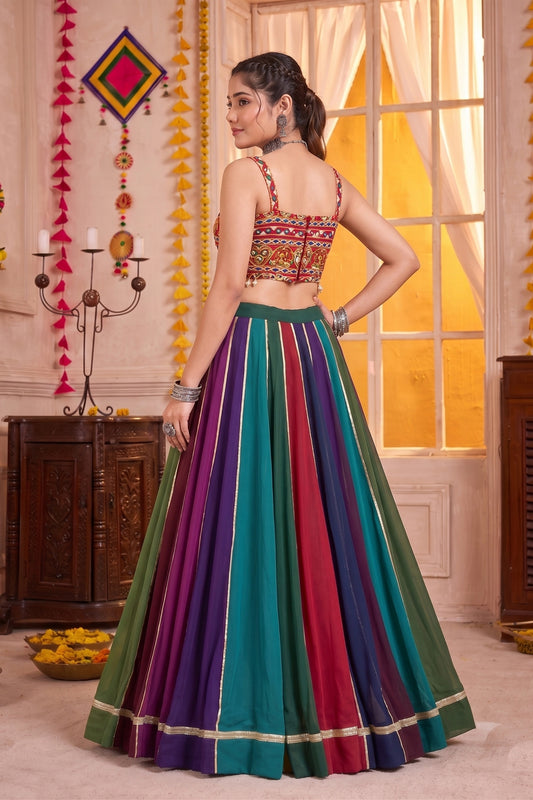 Traditional Multicolor Striped Georgette Designer Lehenga Choli Set with Gamthi Work