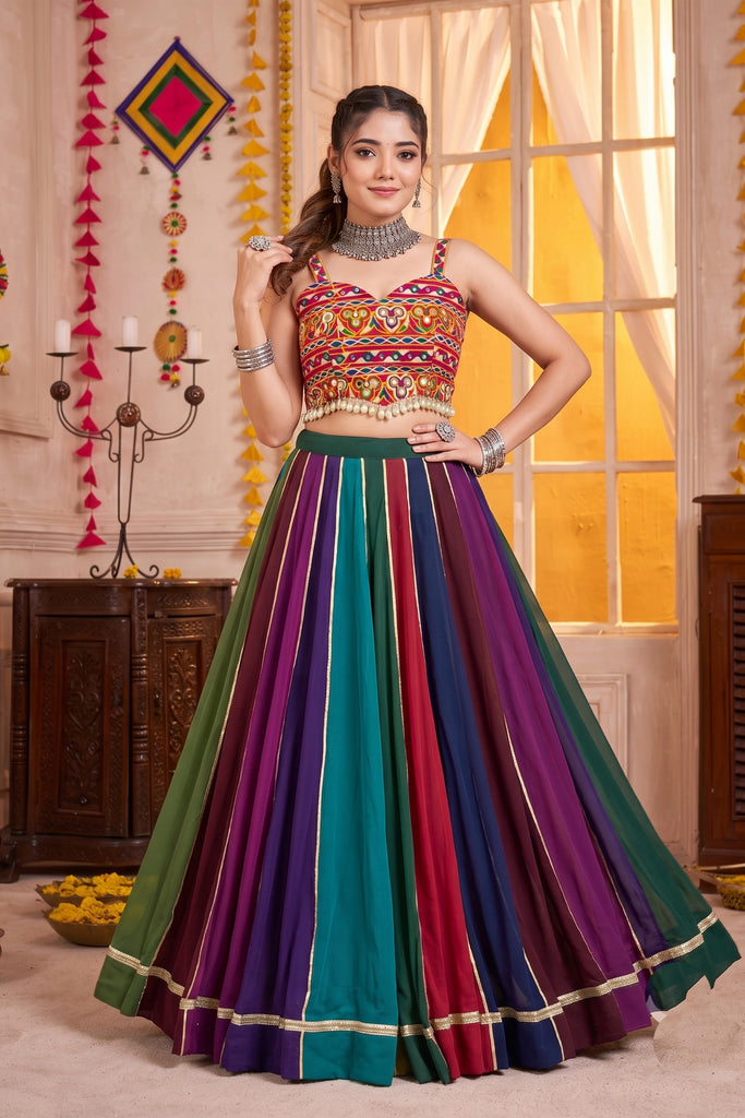 Traditional Multicolor Striped Georgette Designer Lehenga Choli Set with Gamthi Work
