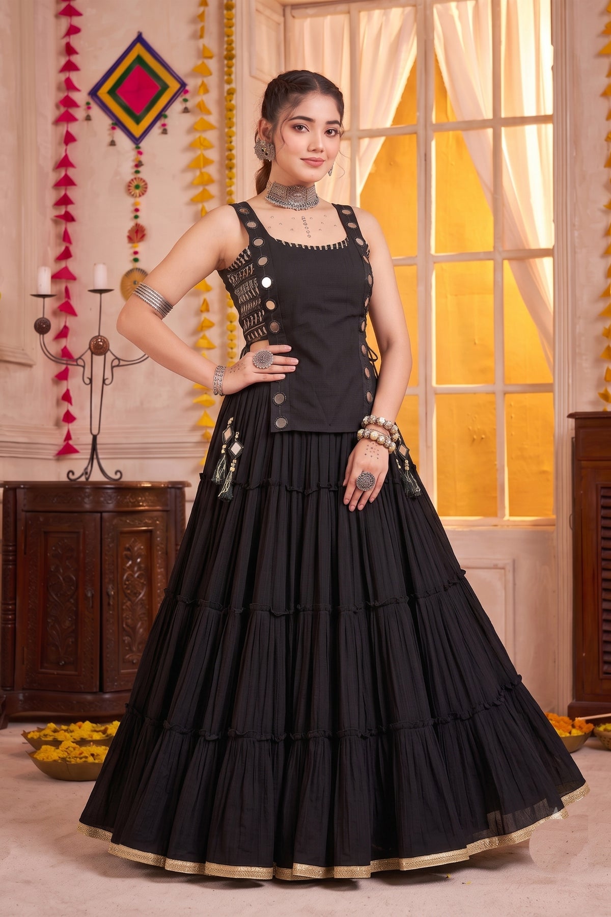 Stunning Black Georgette Designer Lehenga Choli Set with Mirror Work and Flared Tiered Skirt
