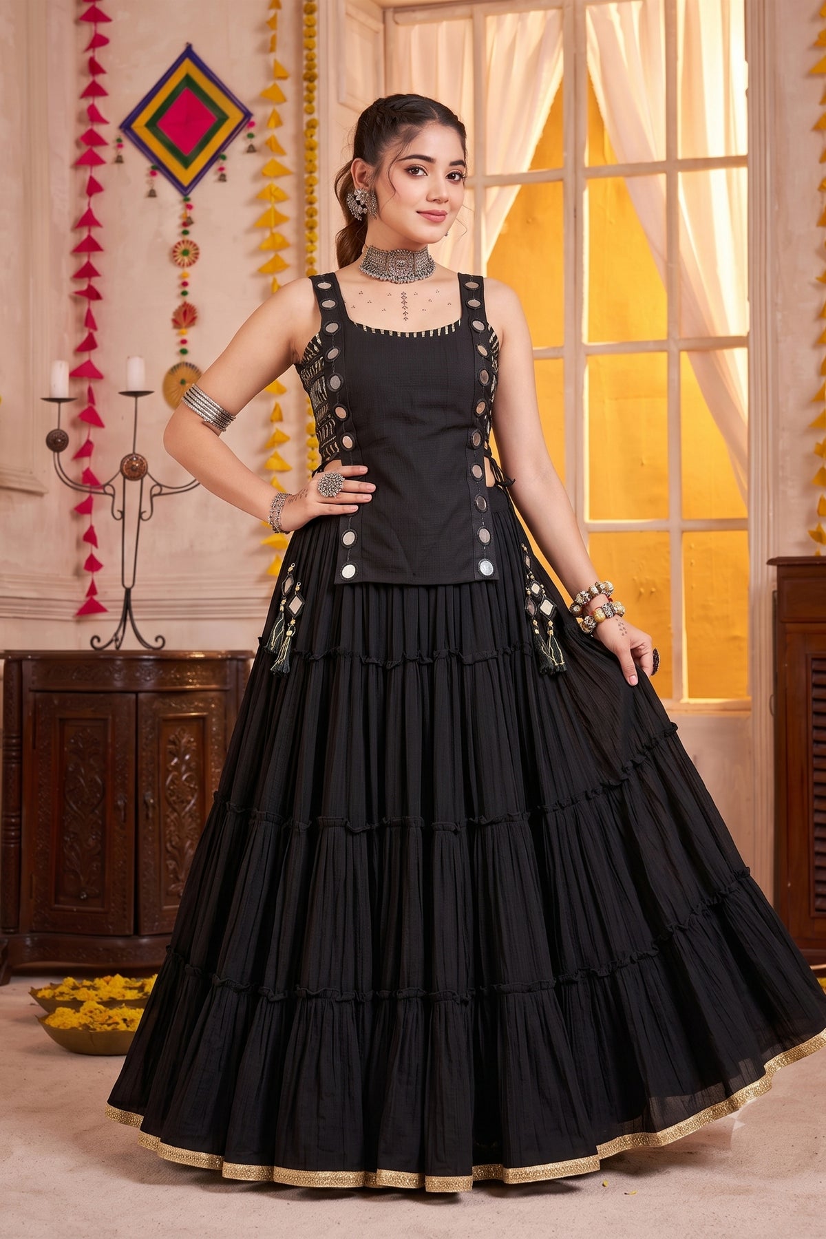 Stunning Black Georgette Designer Lehenga Choli Set with Mirror Work and Flared Tiered Skirt