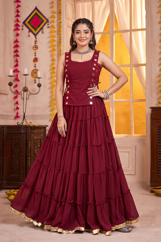 Elegant Maroon Georgette Designer Lehenga Choli Set with Mirror Work and Flared Tiered Skirt