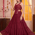 Elegant Maroon Georgette Designer Lehenga Choli Set with Mirror Work and Flared Tiered Skirt