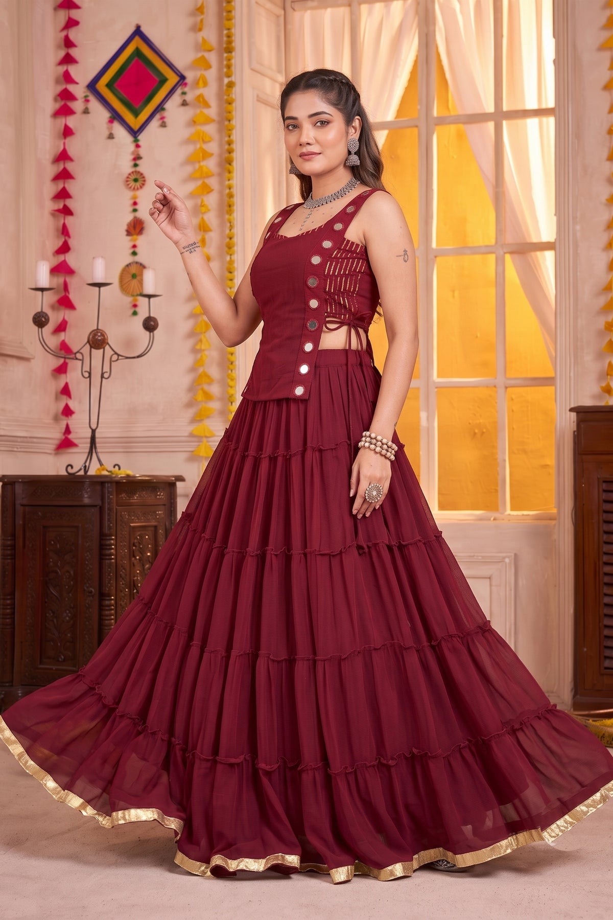 Elegant Maroon Georgette Designer Lehenga Choli Set with Mirror Work and Flared Tiered Skirt