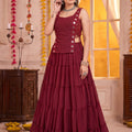 Elegant Maroon Georgette Designer Lehenga Choli Set with Mirror Work and Flared Tiered Skirt