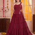 Elegant Maroon Georgette Designer Lehenga Choli Set with Mirror Work and Flared Tiered Skirt