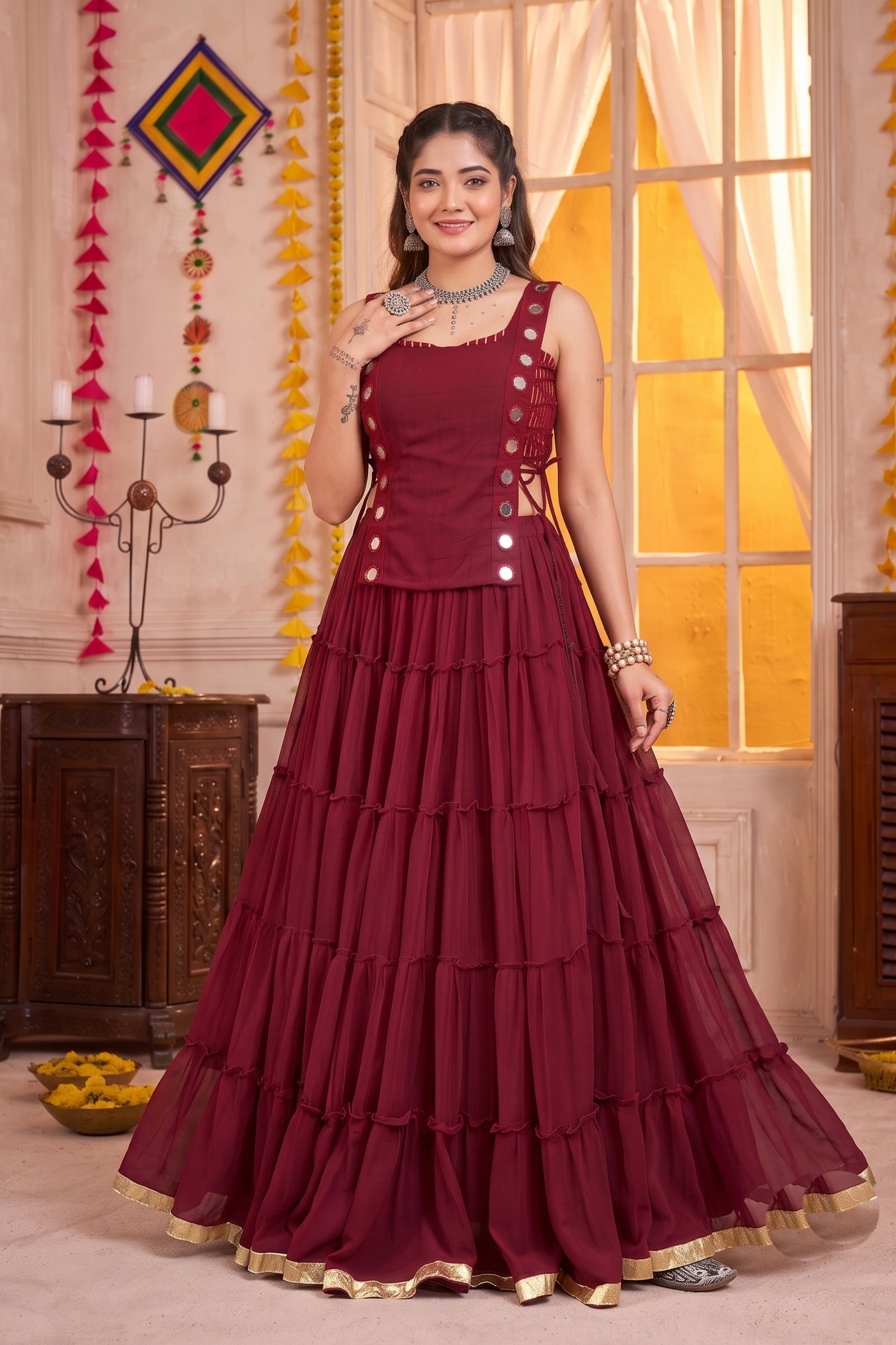 Elegant Maroon Georgette Designer Lehenga Choli Set with Mirror Work and Flared Tiered Skirt