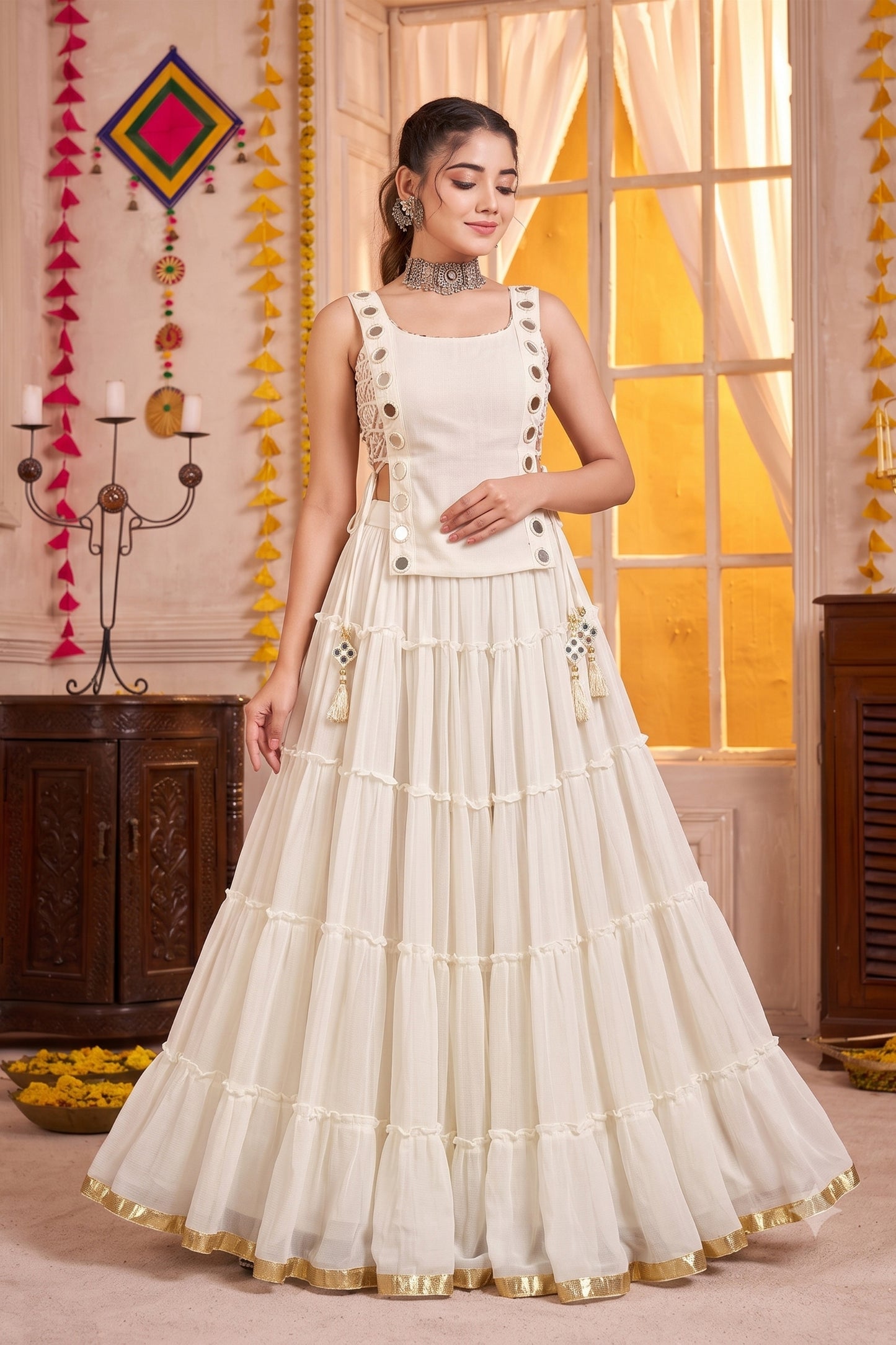Wonderful White Designer Lehenga Choli Set with Mirror Work and Flared Tiered Skirt
