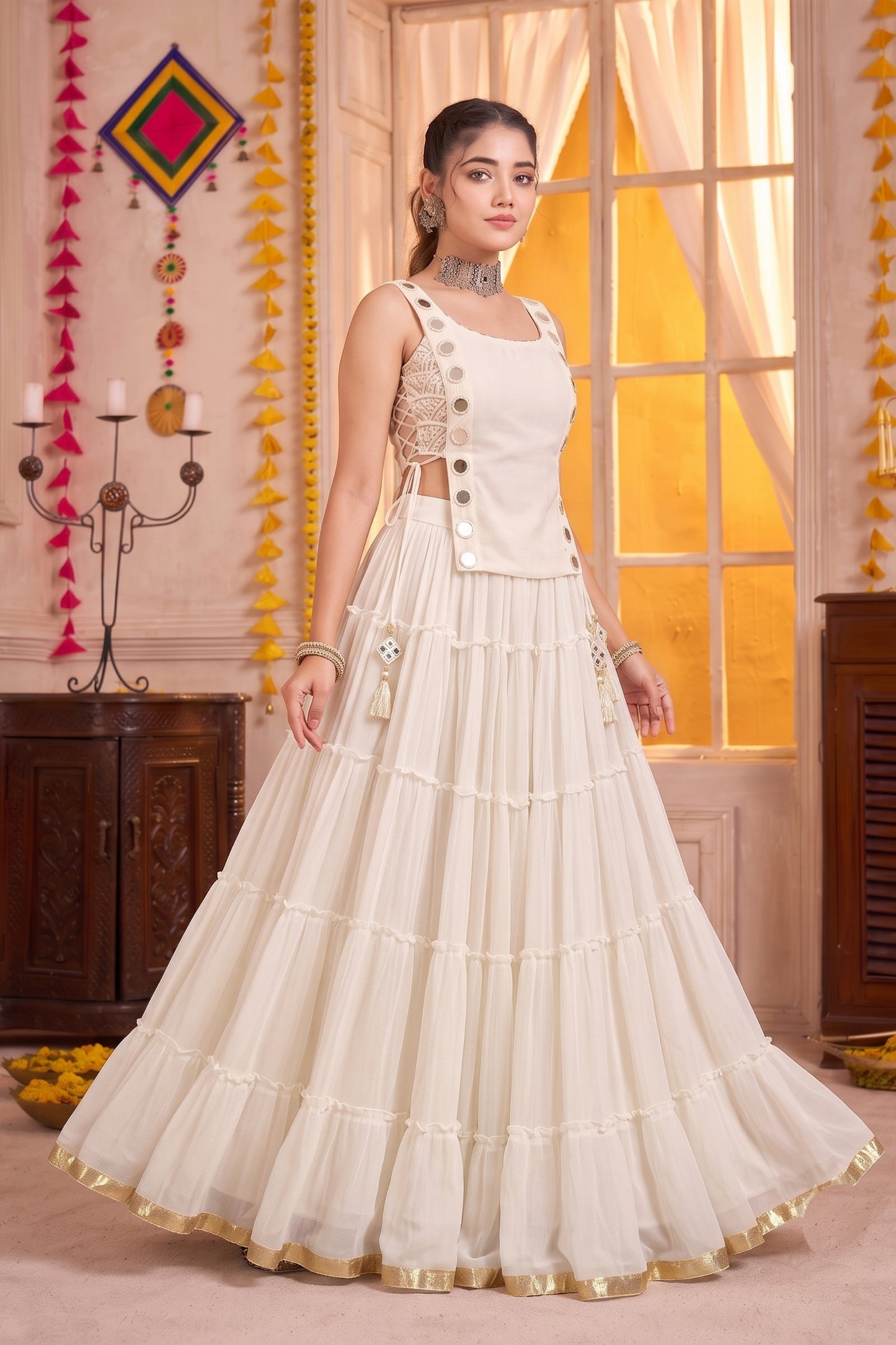 Wonderful White Designer Lehenga Choli Set with Mirror Work and Flared Tiered Skirt