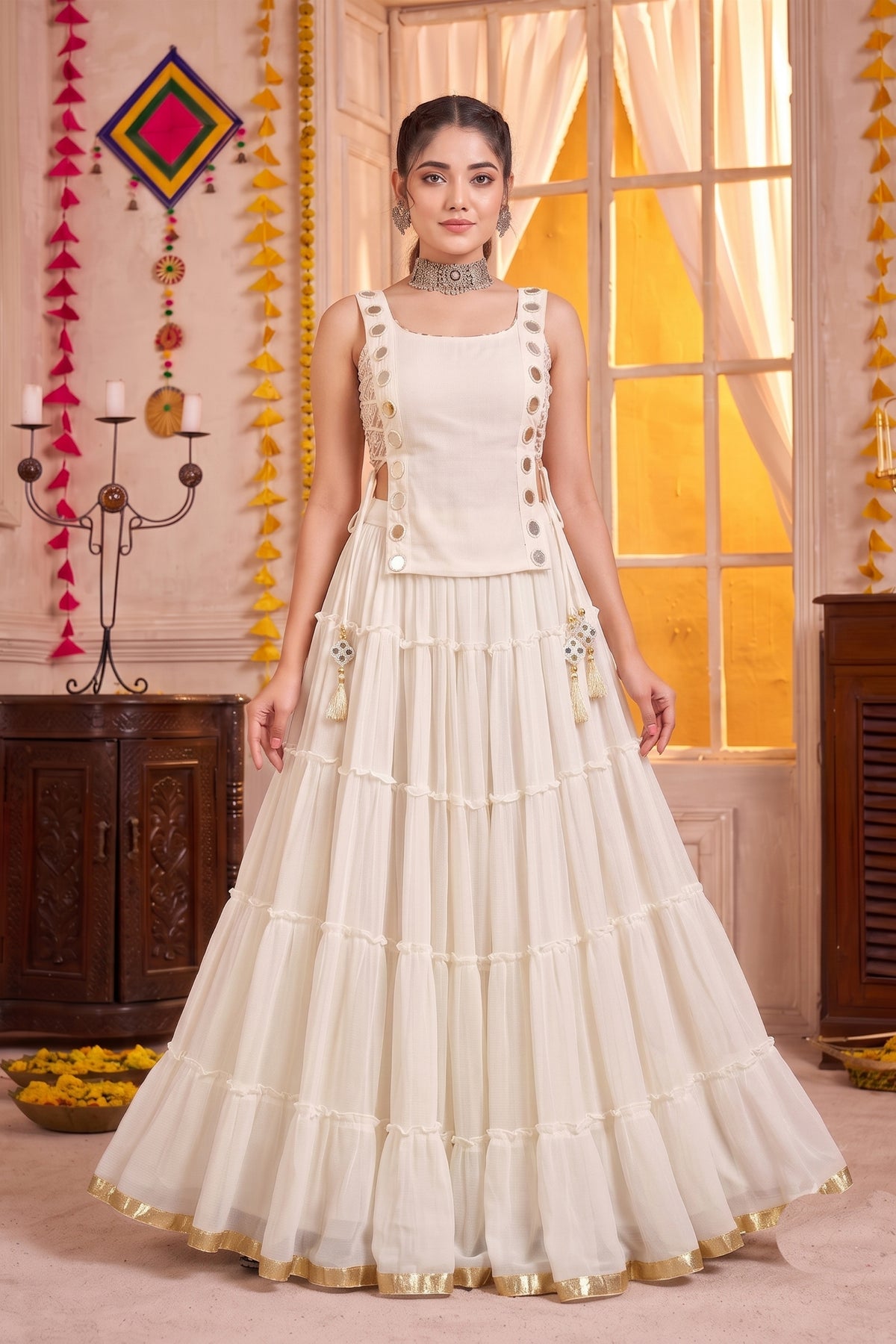 Wonderful White Designer Lehenga Choli Set with Mirror Work and Flared Tiered Skirt