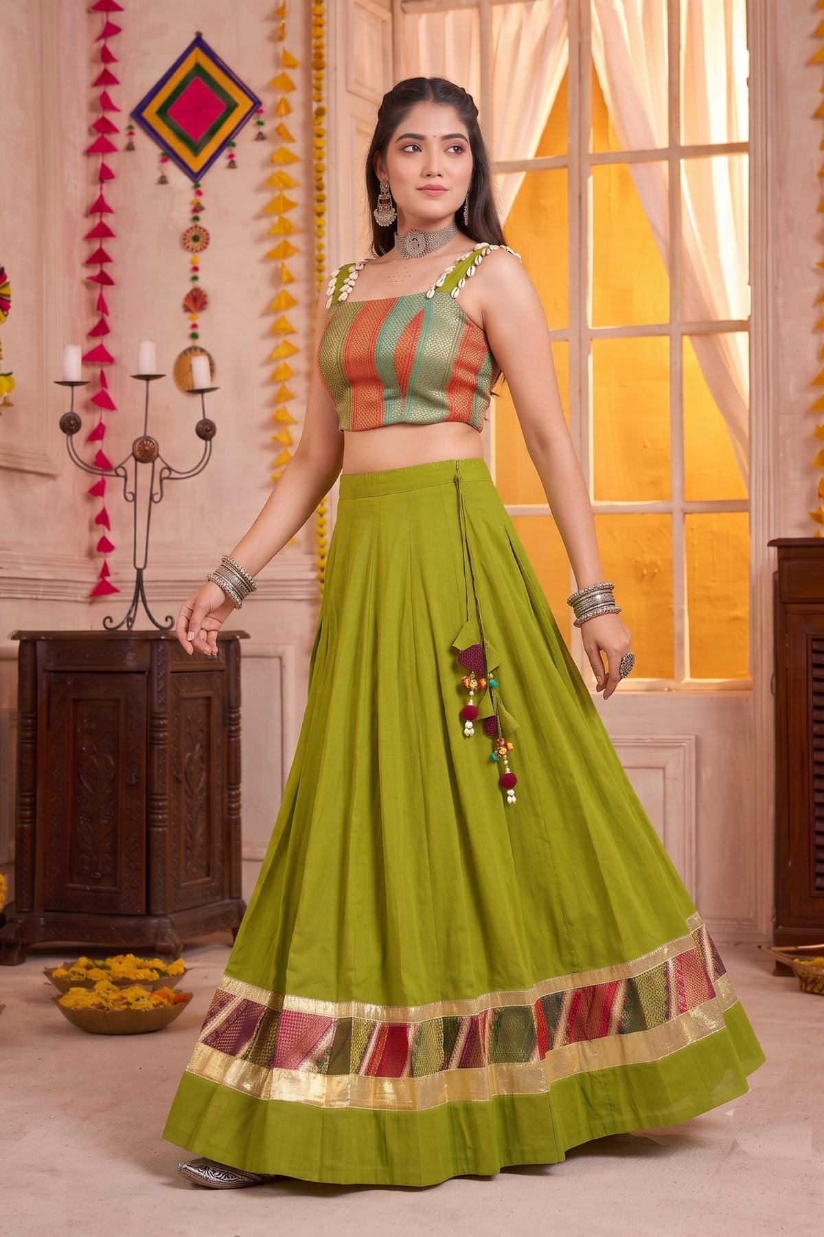 Admiring Olive Green Designer Lehenga Choli Set with Zari Weaving Work for Women