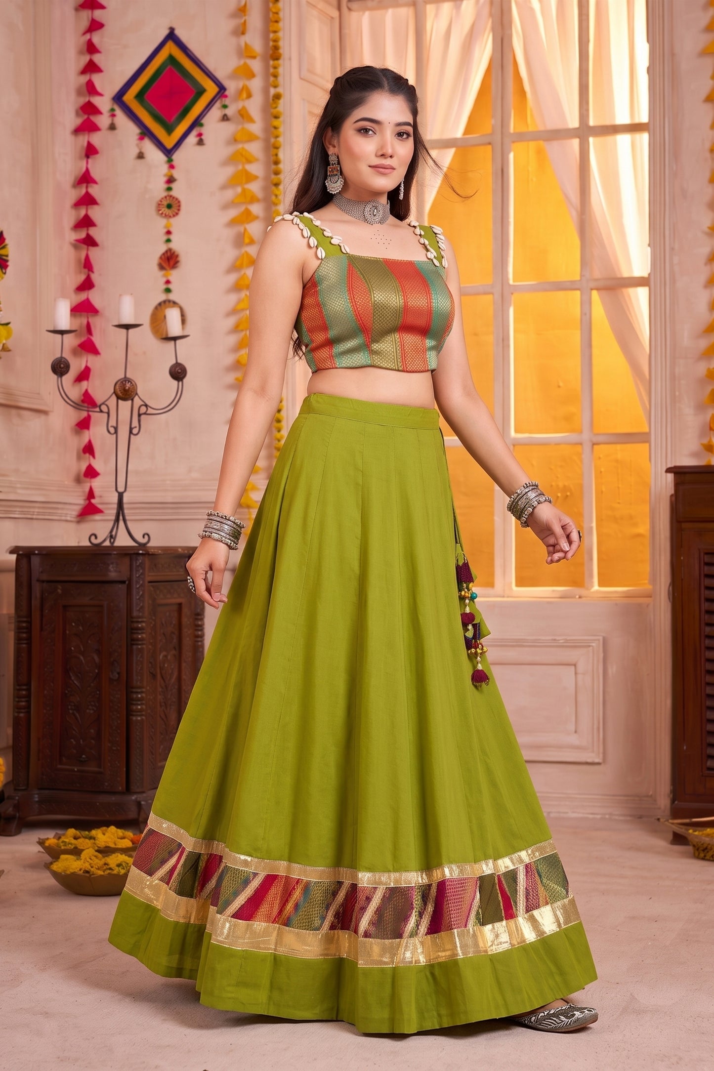 Admiring Olive Green Designer Lehenga Choli Set with Zari Weaving Work for Women