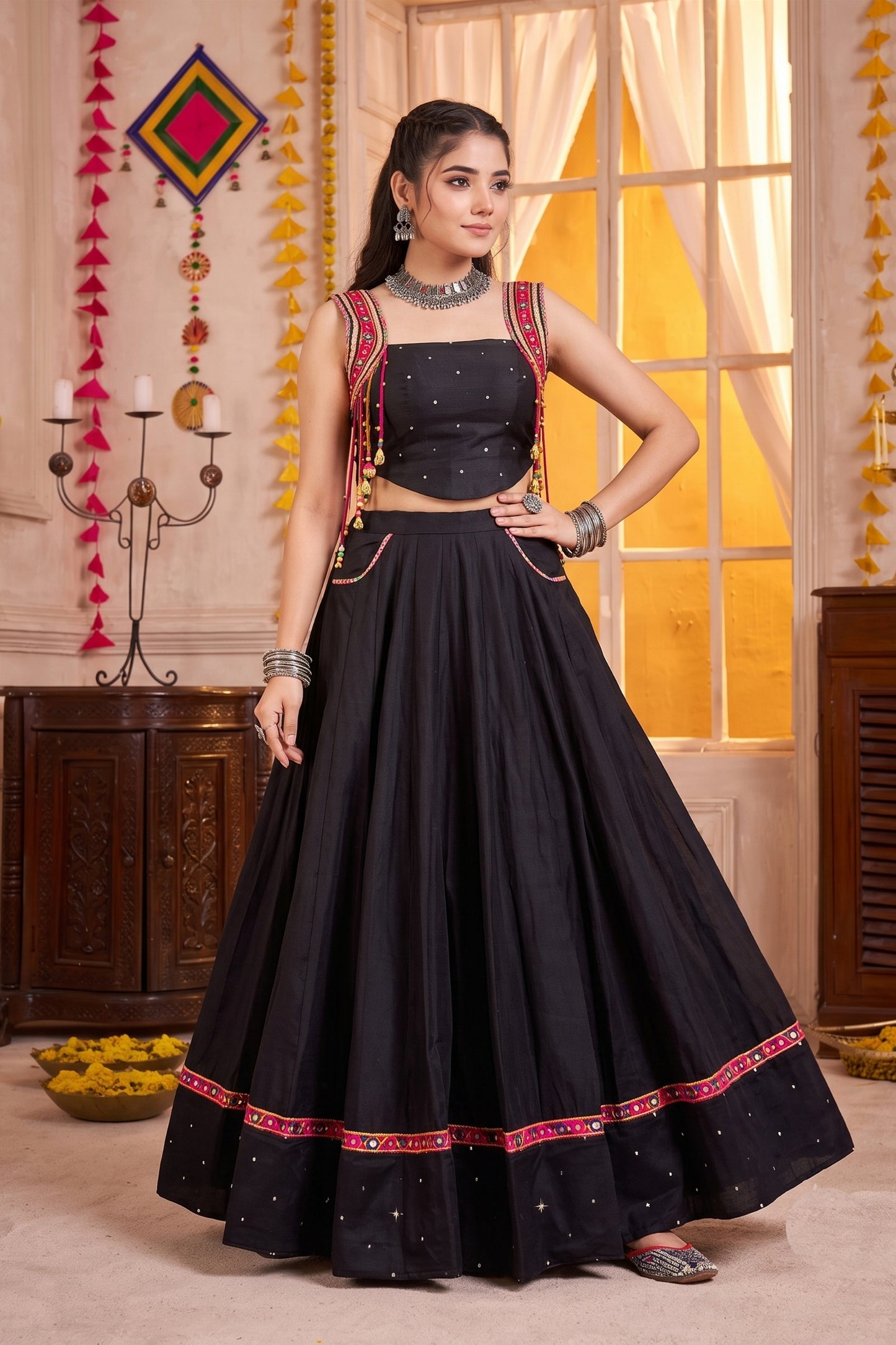 Trendy Black Cotton Designer Lehenga Choli Set with Mirror Work and Flared Skirt for Women